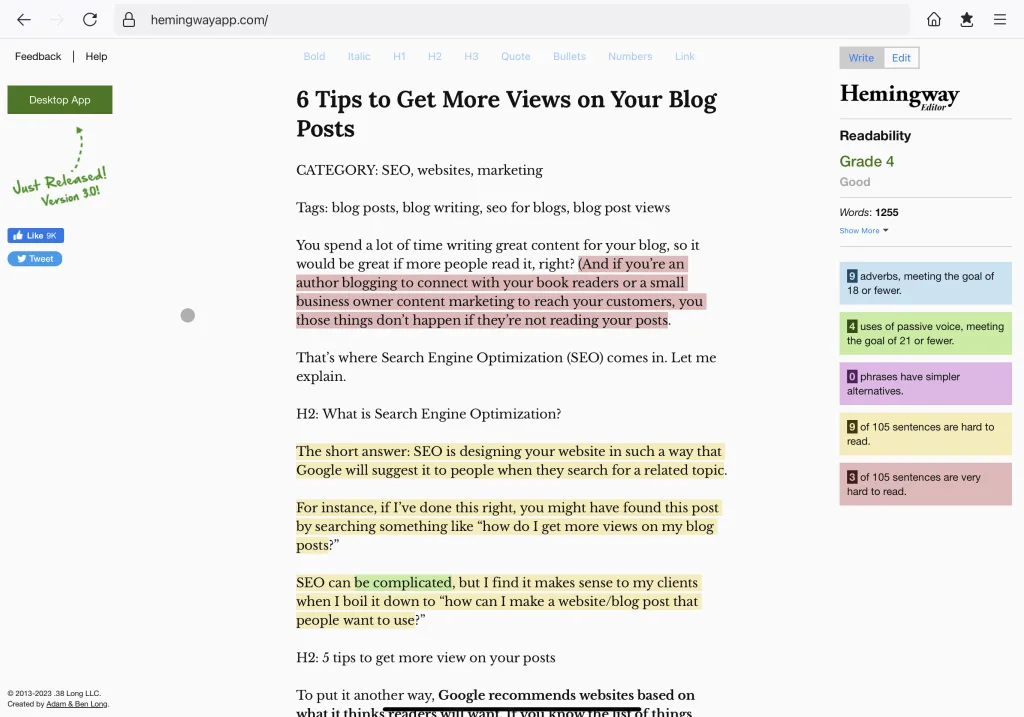 Screenshot from Hemingway App of the first draft of this blog post. It shows that the readability score is at 4th grade level.