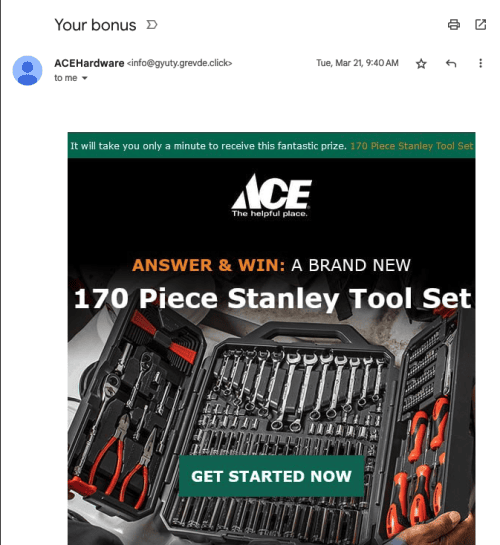 A screenshot of a hardware store scam email