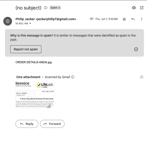 A screenshot of a Norton Antivirus invoice scam email