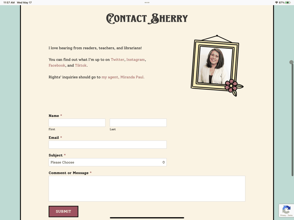 Screenshot from www.SherryFellores.com showing her contact form