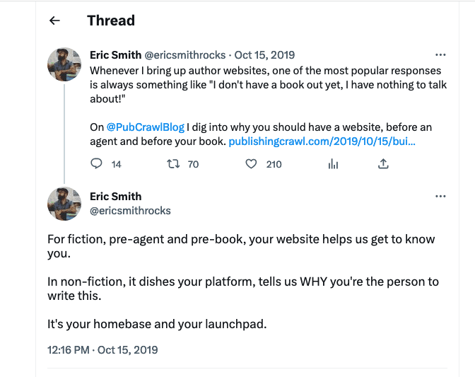 A Screenshot Of Eric Smith's Twitter Thread Discussing Some Reasons For Starting A Website As A Pre-published Author