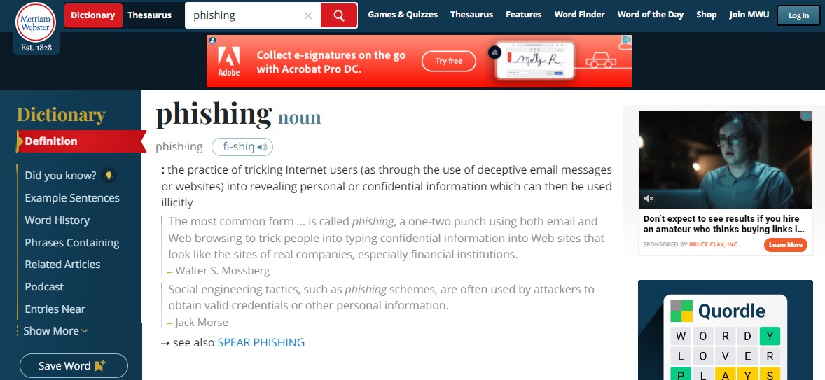 Screenshot of the definition of 'phishing' from Merriam Webster Online Dictionary