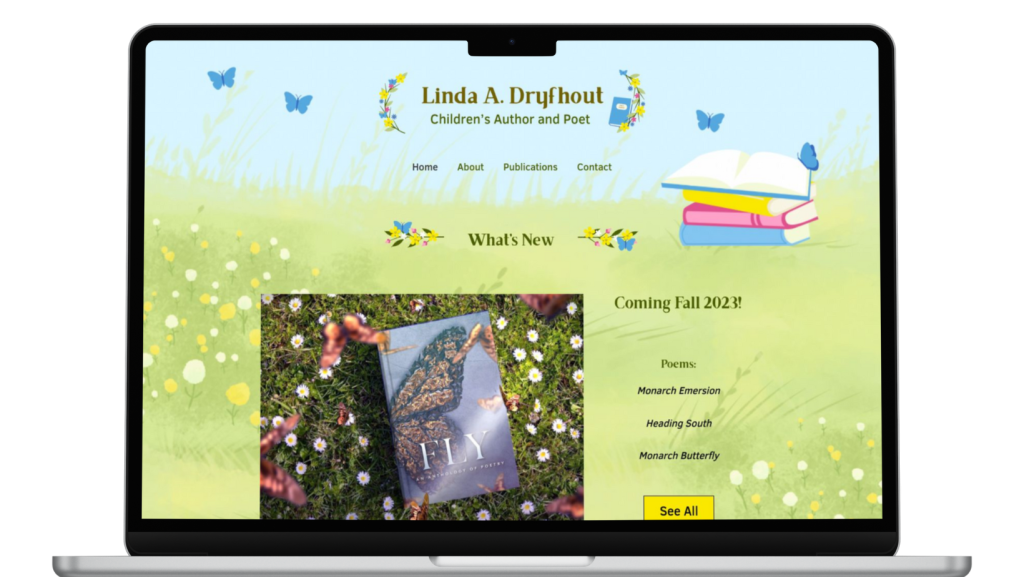 Macbook showing website Linda Dryfhout