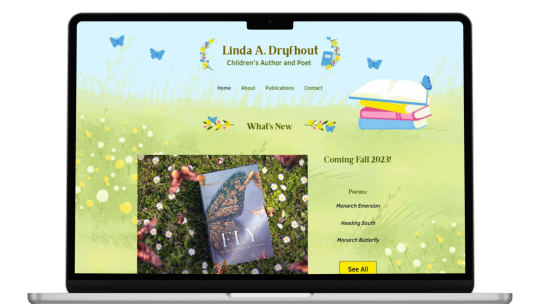 Macbook showing website Linda Dryfhout