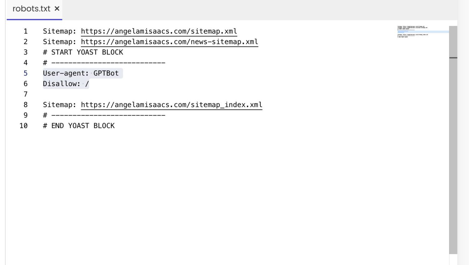Screenshot of robots.txt file which is used to block ChatPGT on websites